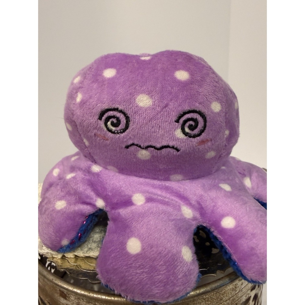Toy Box Reversible Octopus Plush Purple Polka Dot Blue Rainbow Happy Grumpy